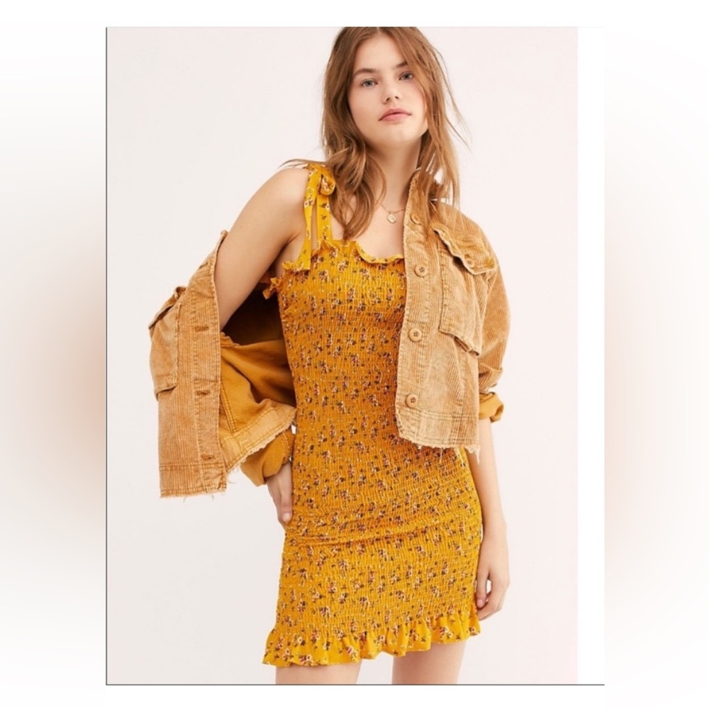 NWT Free people size S Bella smocked mini dress in mustard